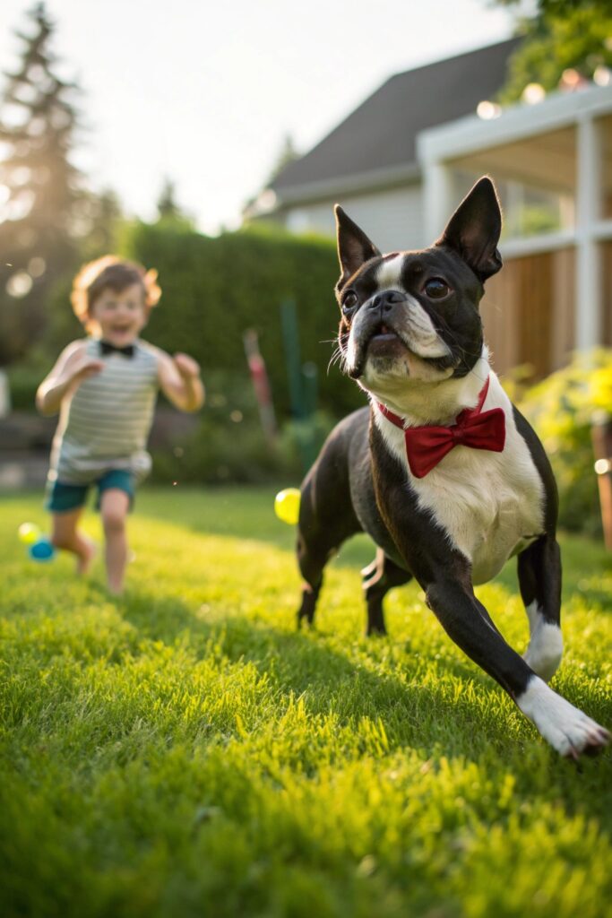 Boston Terrier playing with child-best small dog breeds for kids