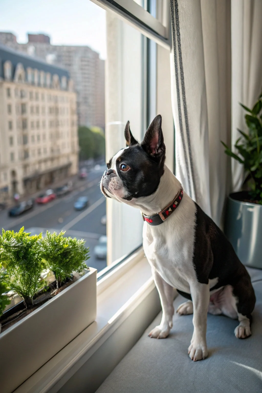 Boston Terrier with black and white tuxedo markings sitting alert in apartment near window with city view