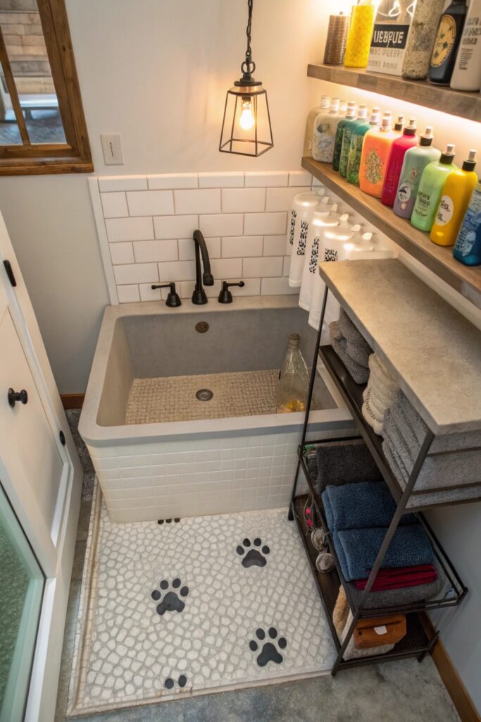 built in laundry room tiled dog bath