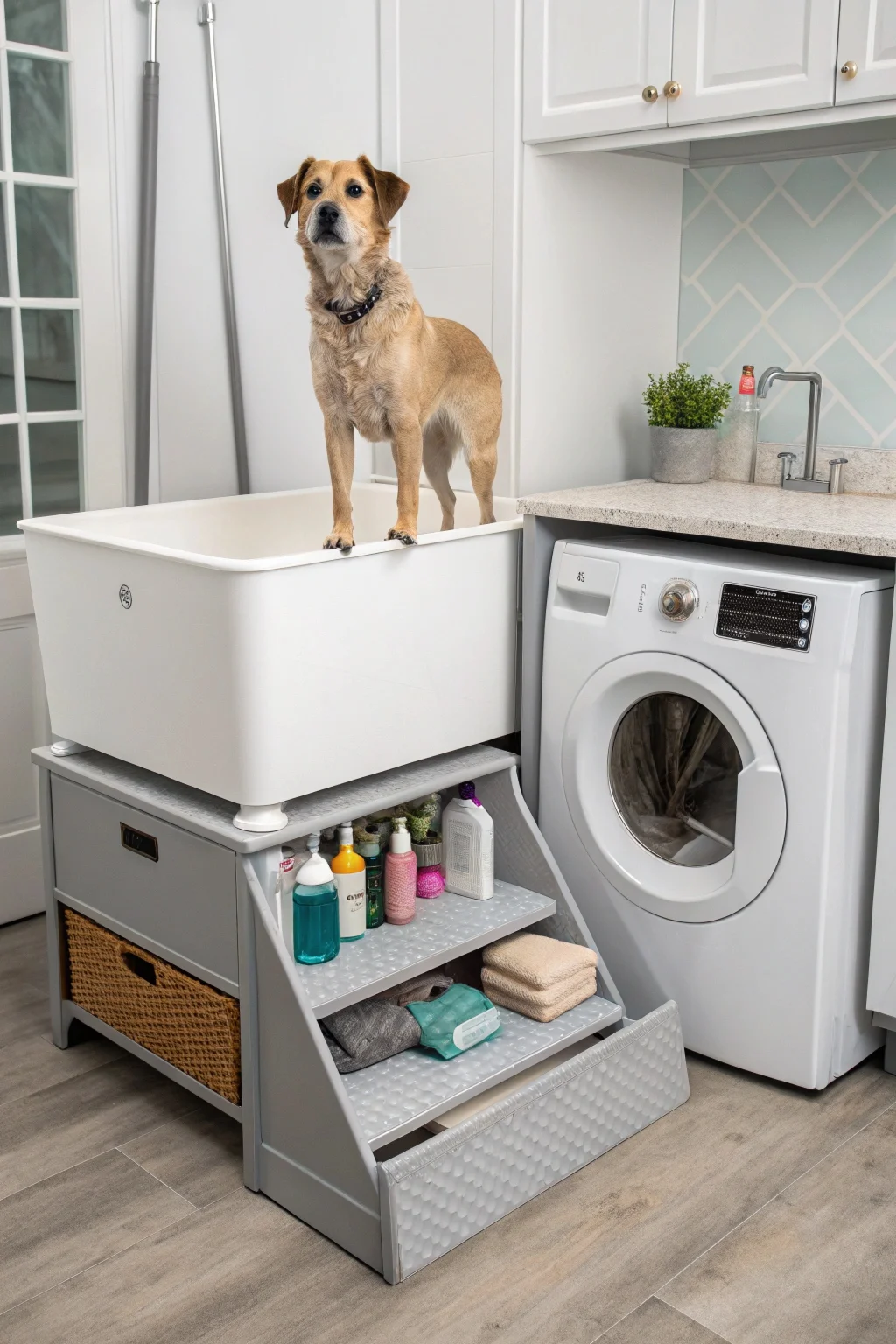 built in raised platform station in laundry room