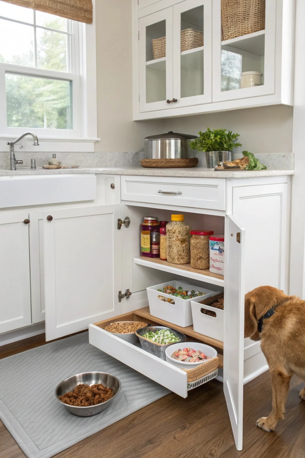 Small white cabinet with doors removed converted to dog feeding station with bowls and organized storage shelves