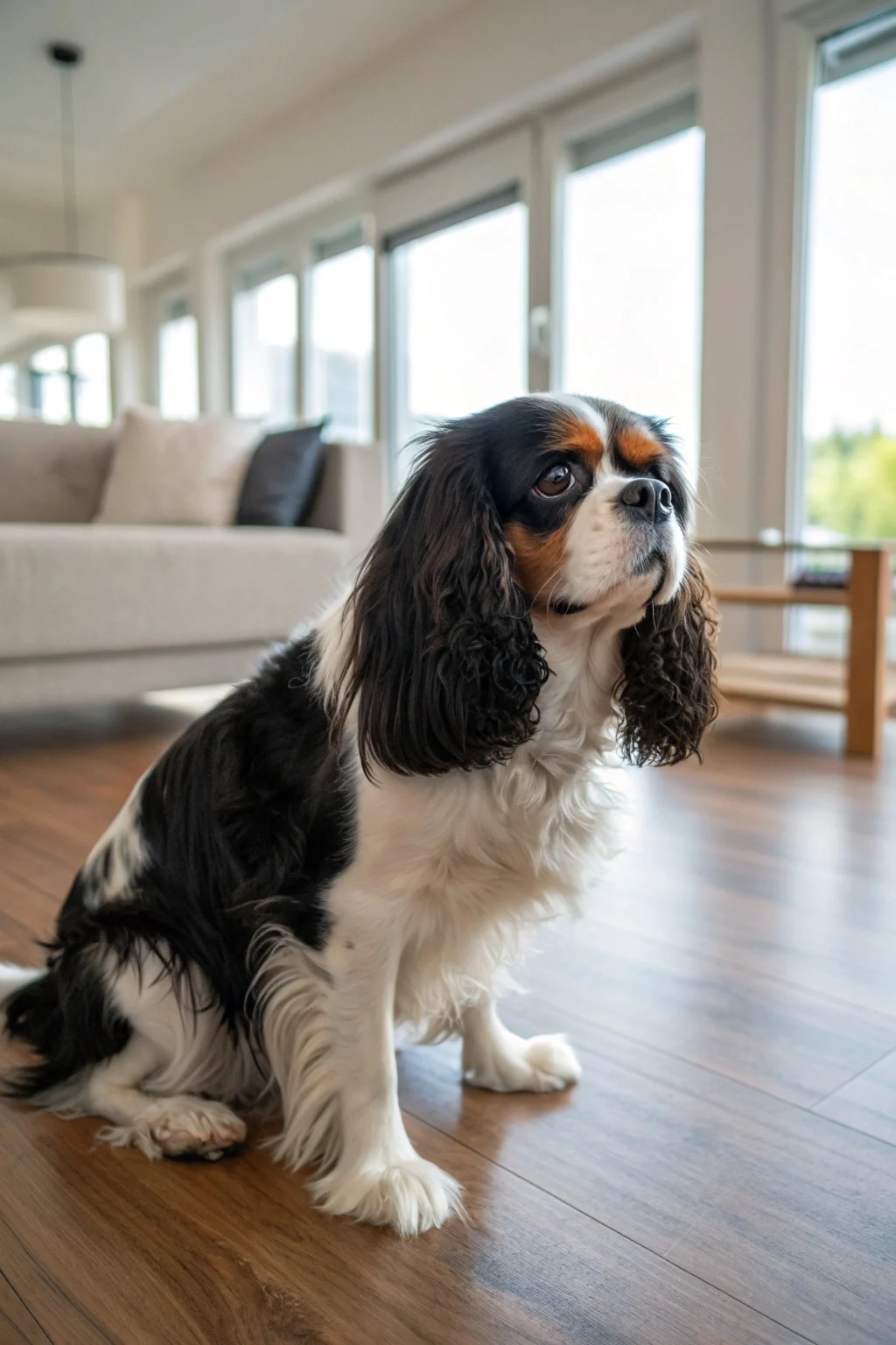 Cavalier King Charles Spaniel with tricolor coat sitting gracefully in apartment setting with soft natural lighting