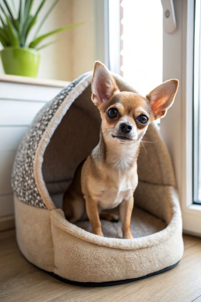 Tiny smooth-coat Chihuahua with large expressive eyes sitting in miniature dog bed in compact apartment space