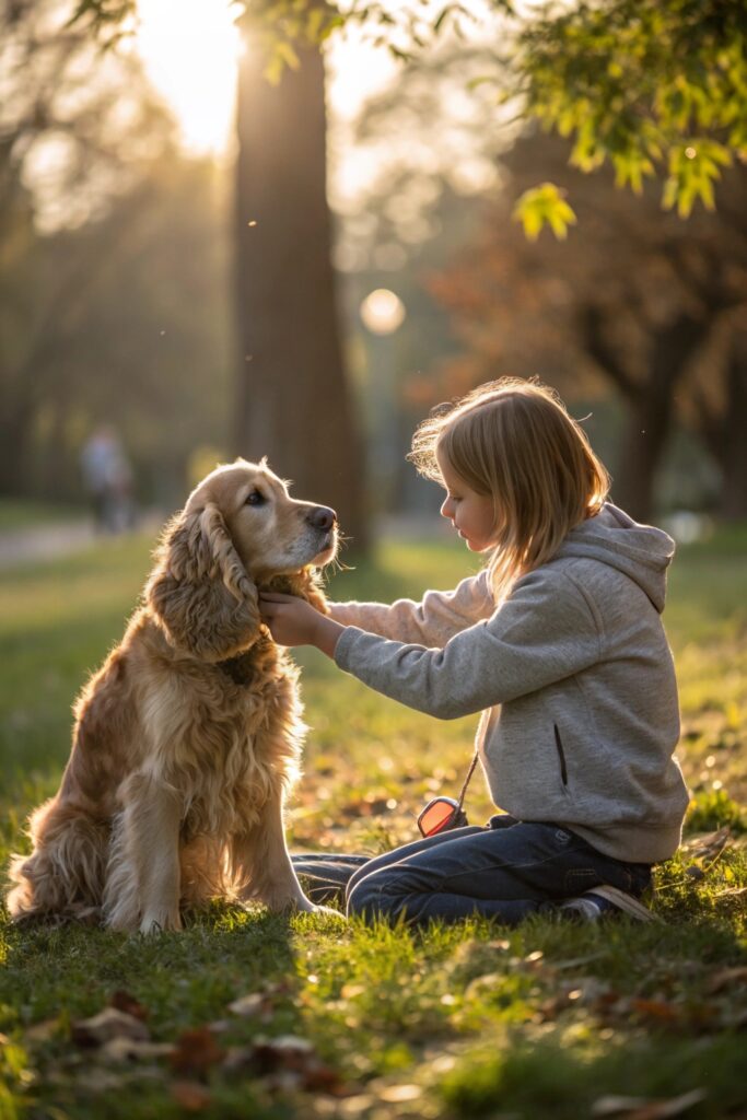 Cocker Spaniel being groomed by child - best small dog breeds for kids to learn responsibility