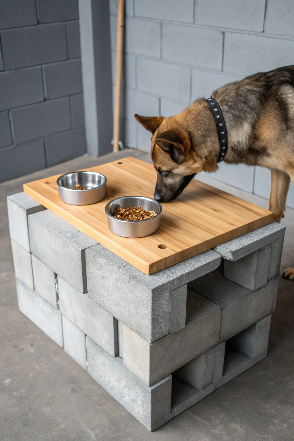 Industrial dog feeding station made from stacked concrete cinder blocks with wooden board and German Shepherd eating