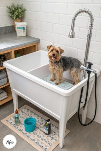 converted utility sink station dog washing station in laundry room