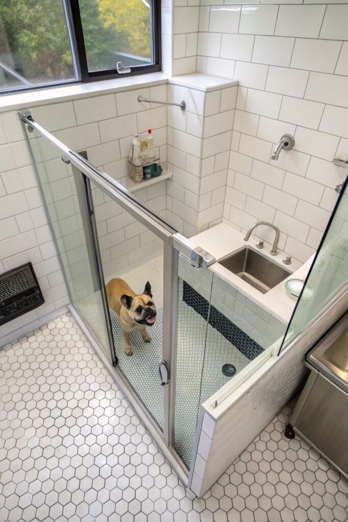 corner tiled station with glass door dog washing station in laundry room