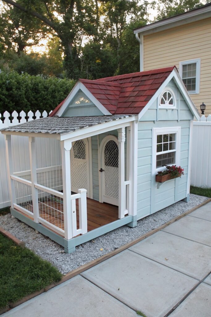 cottage style dog kennel with a fenced porch
