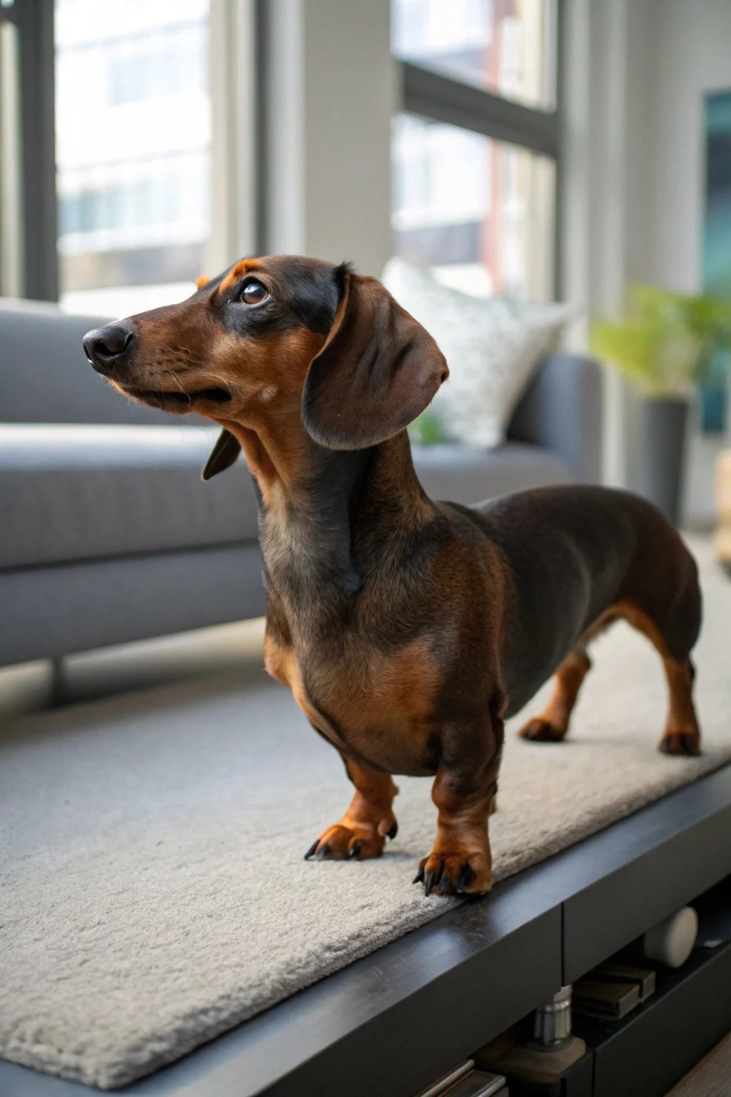 Miniature Dachshund with long body and short legs standing on low apartment furniture showing distinctive shape
