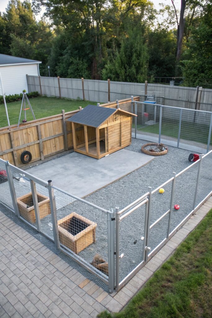 dog lot with separate sleeping and play zones