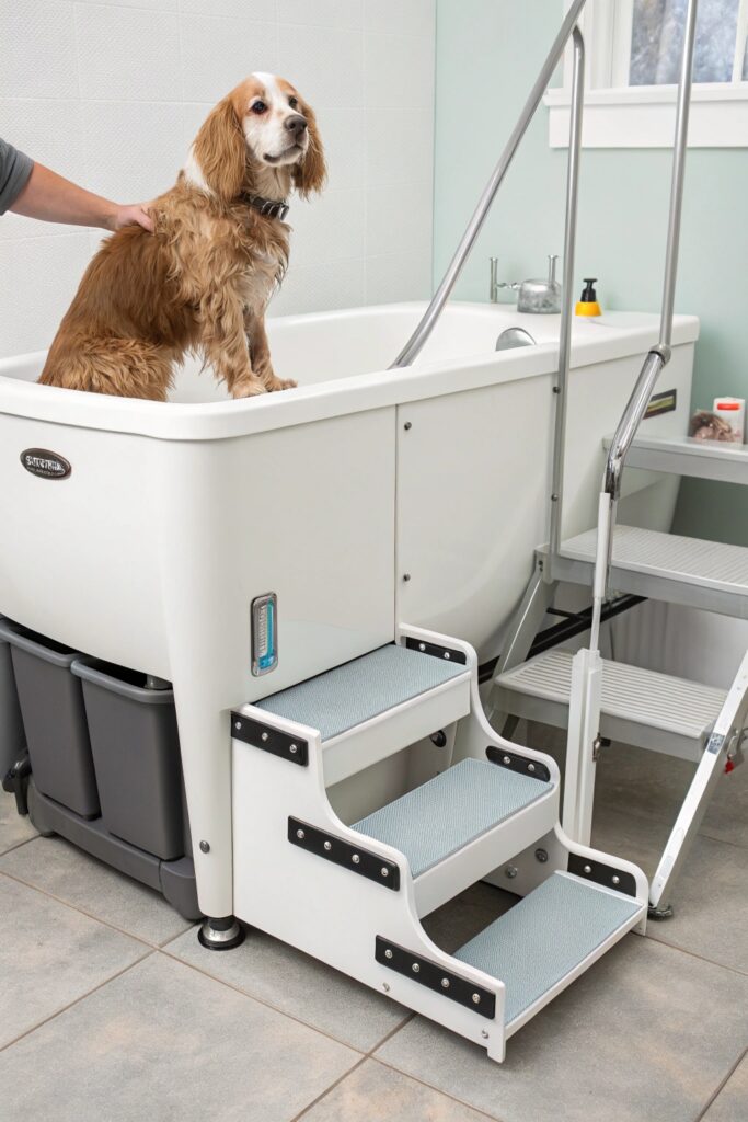 elevated tub with pull out steps dog washing station in laundry room