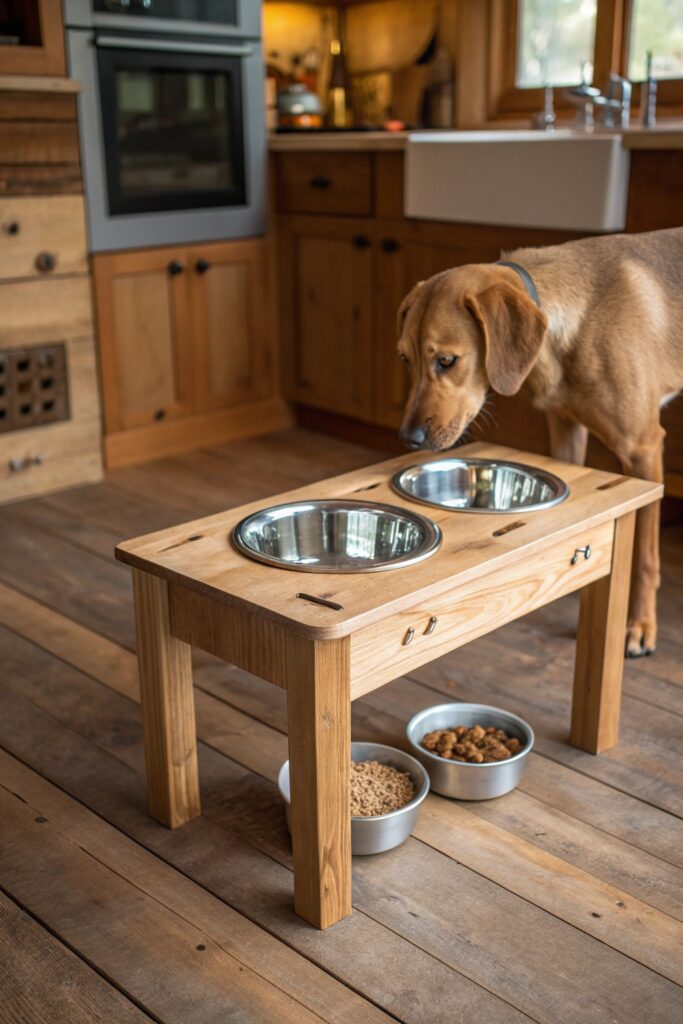 Classic elevated wooden dog feeding station with two stainless steel bowls and medium-sized dog eating in farmhouse kitchen
