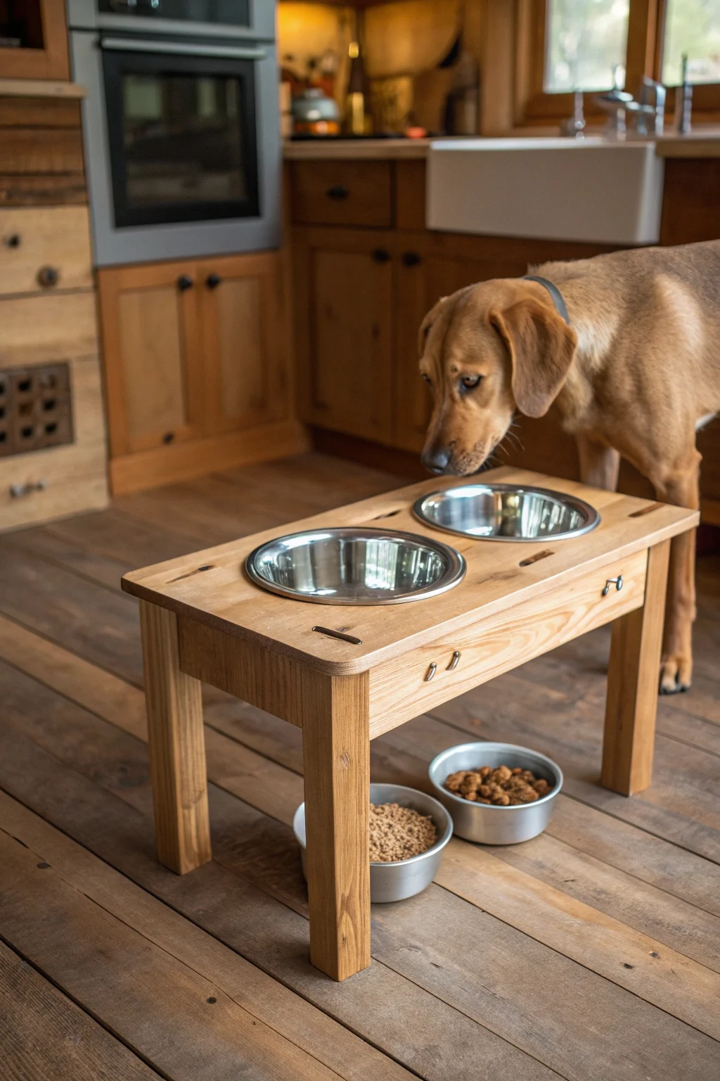 Classic elevated wooden dog feeding station with two stainless steel bowls and medium-sized dog eating in farmhouse kitchen