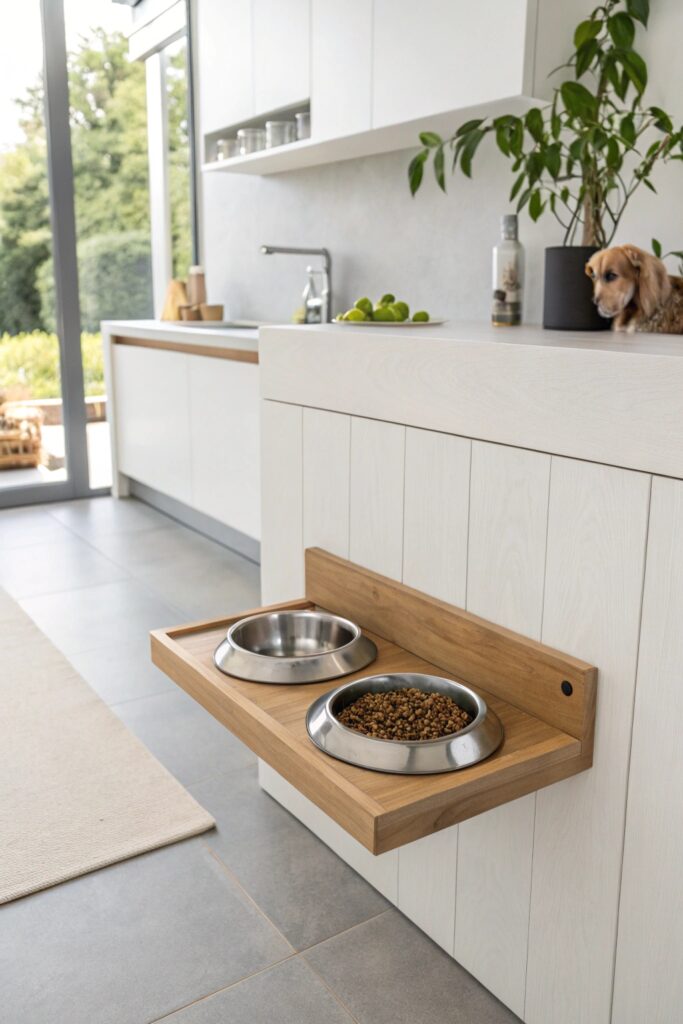 Minimalist floating shelf mounted on wall serving as space-saving dog feeding station in modern kitchen