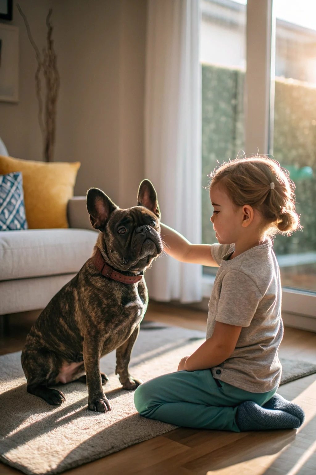 French Bulldog being petted by toddler - best small dogs for kids and families