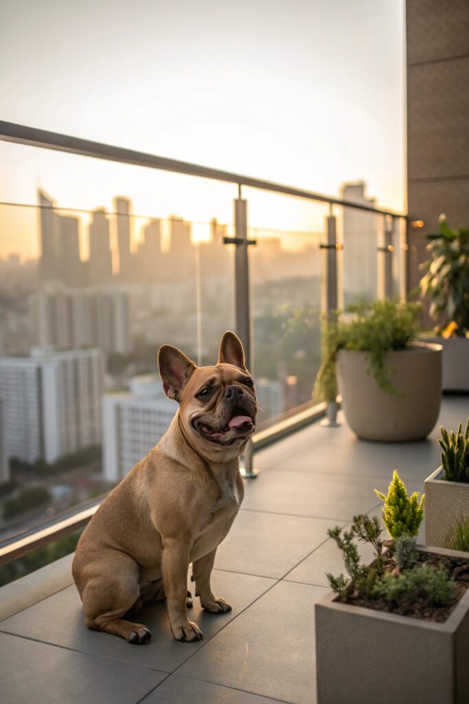 French Bulldog with bat ears and wrinkled face sitting in modern apartment interior with natural window light