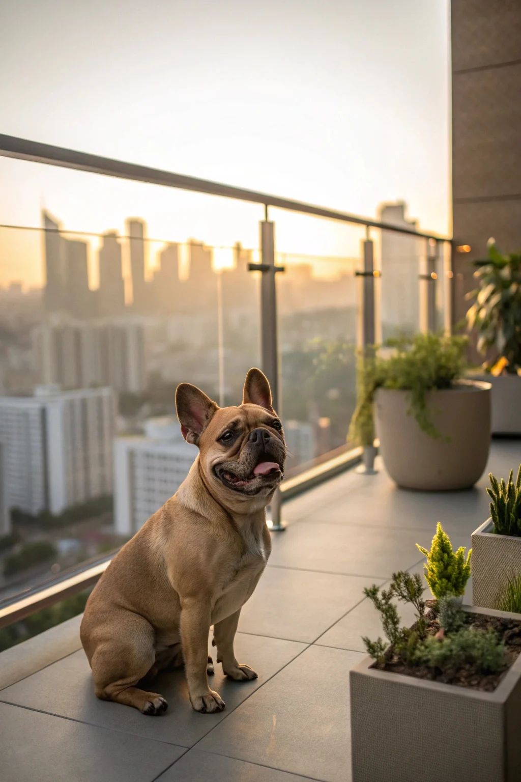 French Bulldog with bat ears and wrinkled face sitting in modern apartment interior with natural window light