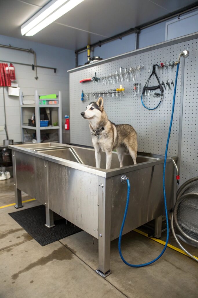 garage dog washing area with commercial sink