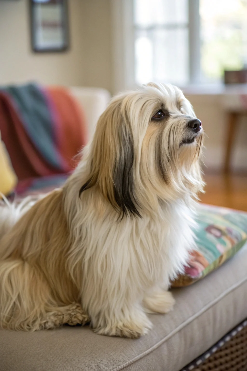 Havanese with long silky cream-colored coat sitting on apartment cushion showing friendly gentle expression
