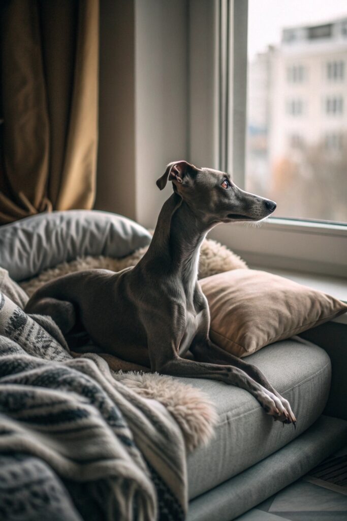 Sleek Italian Greyhound with slender build lying gracefully on apartment blanket in soft natural light