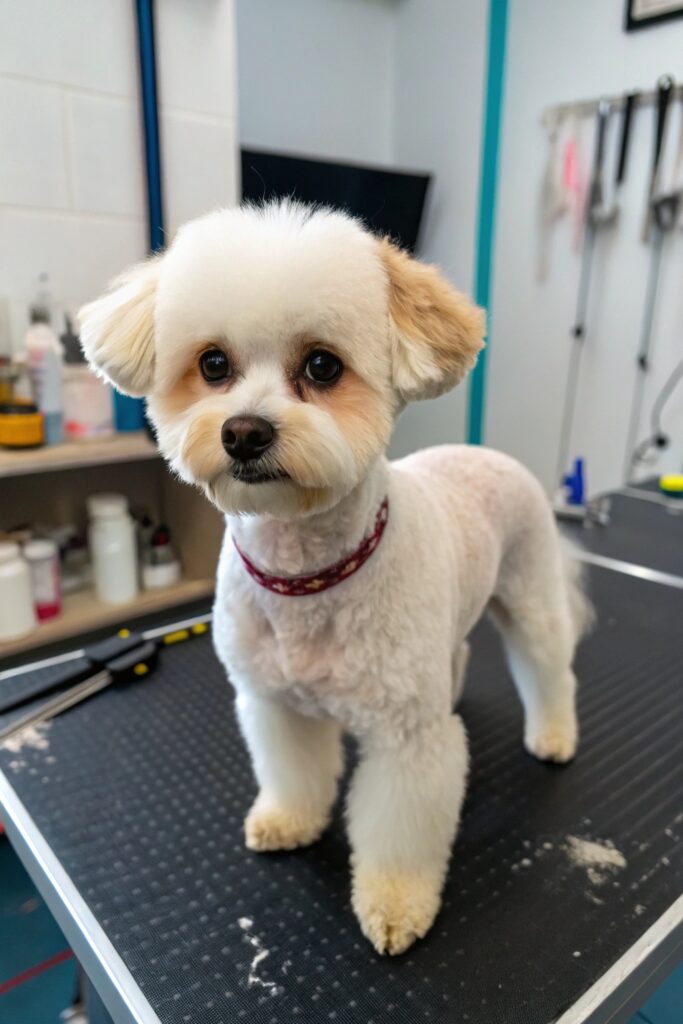 Small dog with ultra-short uniform kennel cut showing practical grooming