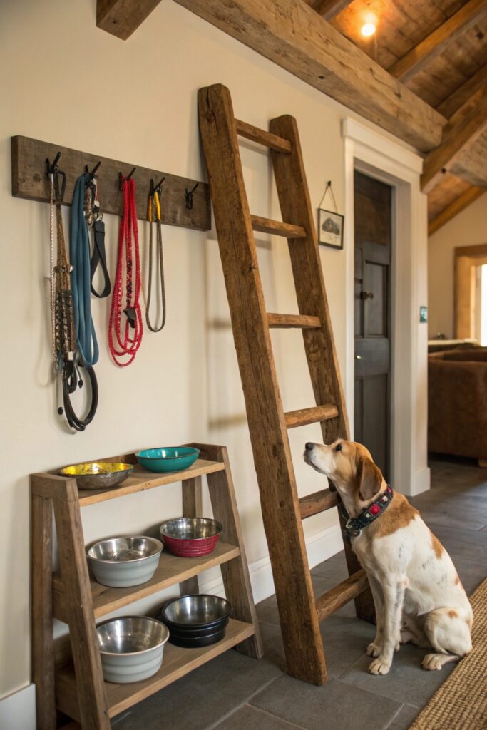 Rustic wooden ladder leaning on wall repurposed as dog feeding station with bowls on shelf and leashes hanging