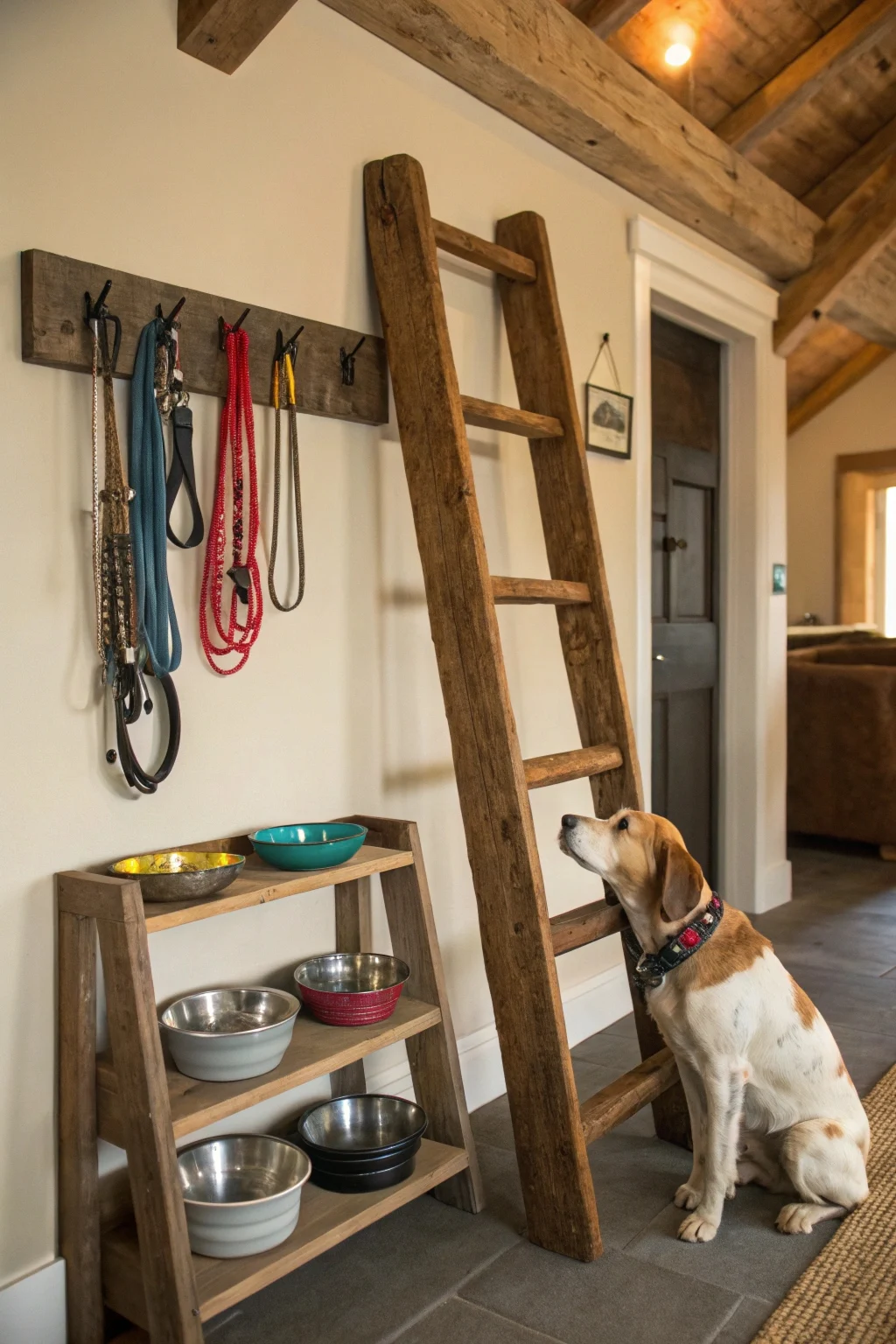 Rustic wooden ladder leaning on wall repurposed as dog feeding station with bowls on shelf and leashes hanging