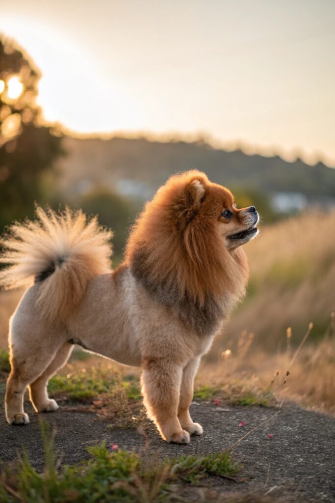 Small Pomeranian with lion cut featuring full mane and shaved body