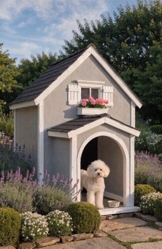 luxury cottage style dog kennel with porch