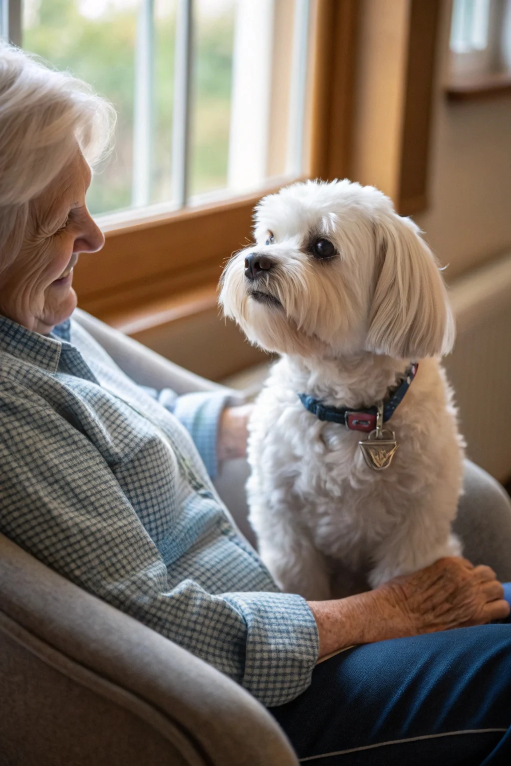 Maltese dog - gentle tiny white lap dog forming strong bonds with senior owners