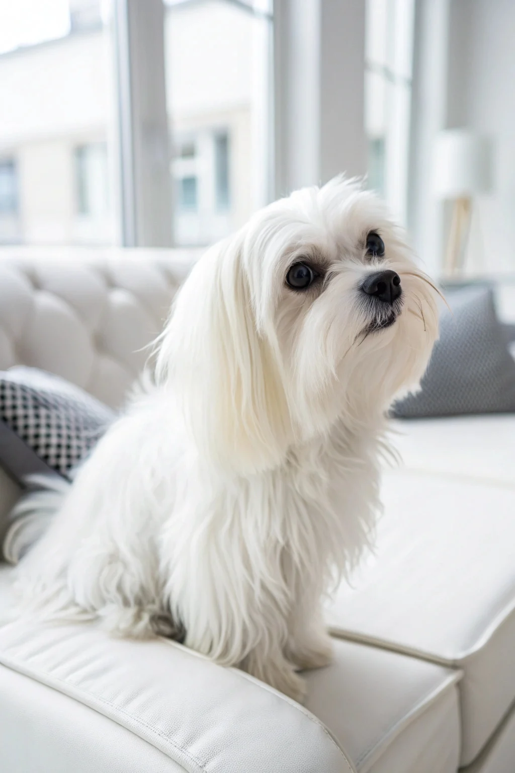 Pure white Maltese with long silky coat sitting on modern apartment furniture in bright natural light