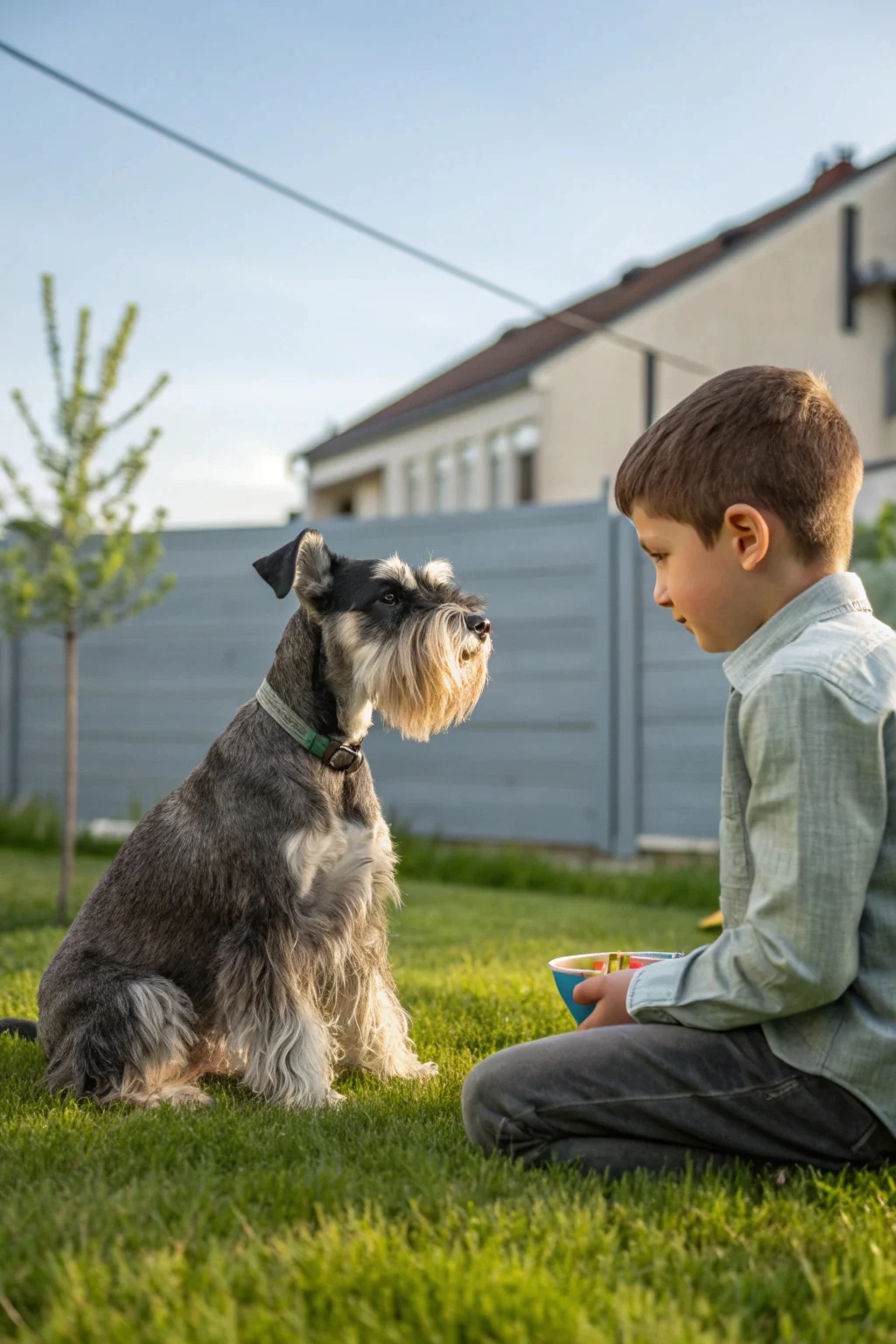 Miniature Schnauzer learning tricks from child - trainable small dog breeds for kids