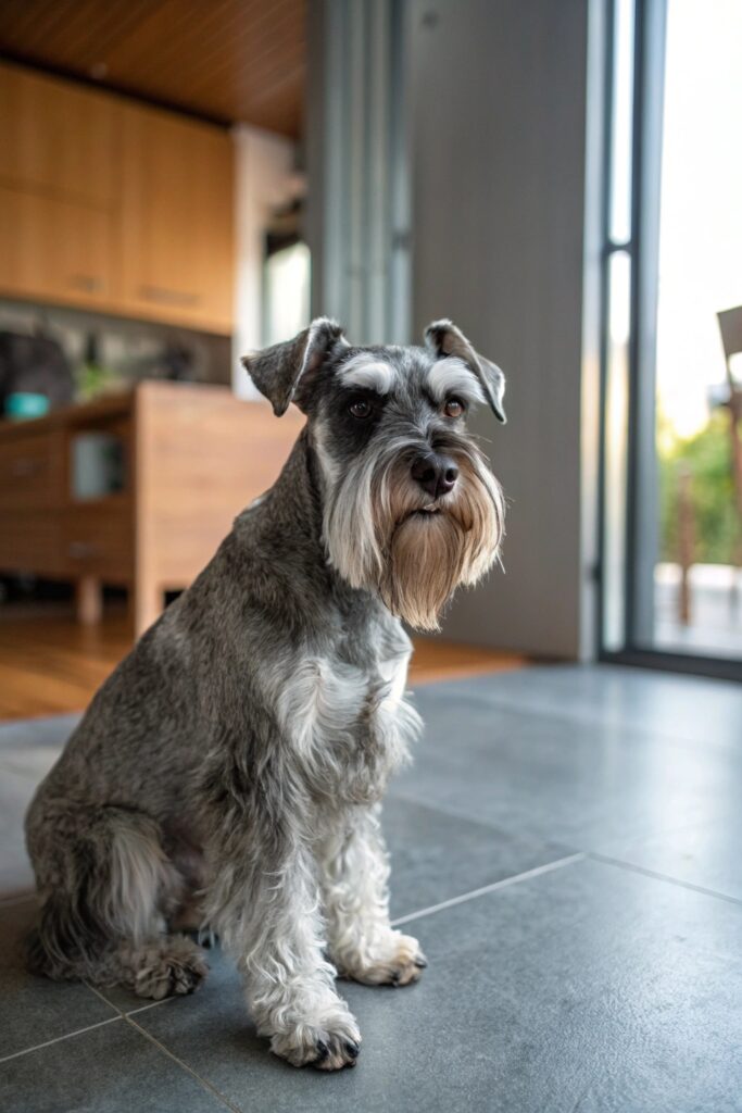 Salt and pepper Miniature Schnauzer with characteristic beard and eyebrows sitting attentively in apartment entrance