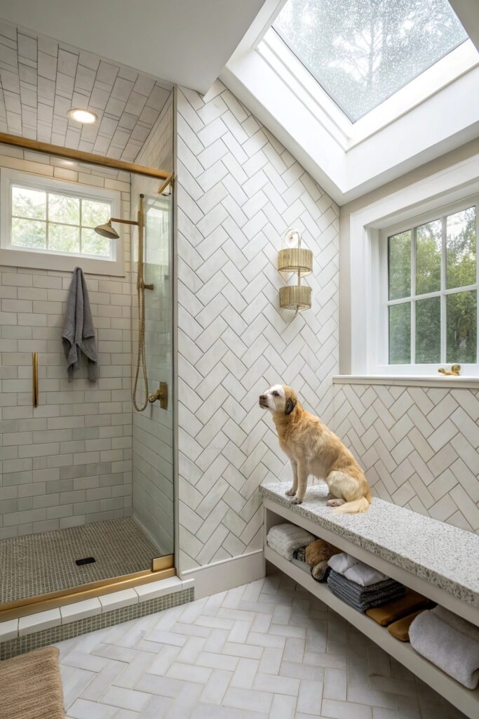 mudroom built in dog shower nook