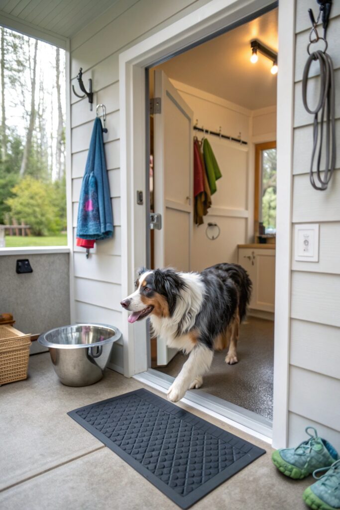 mudroom style entry connection dog washing station in laundry room