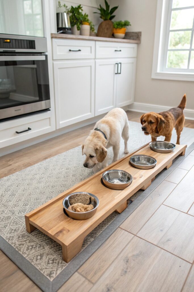 Wide elevated platform with four separate bowls for multi-dog household with three dogs eating peacefully at once