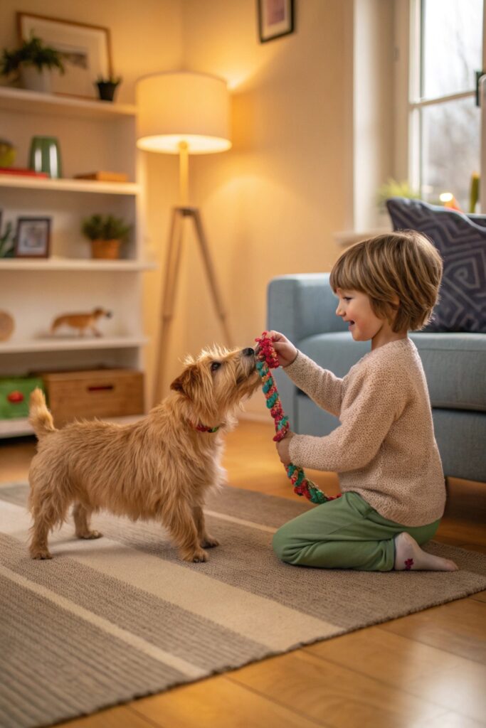 Norfolk Terrier playing with child - good small dogs for kids who want tough playmates