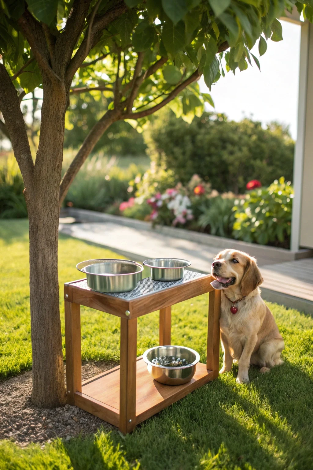 Weather-resistant outdoor dog feeding station made from teak wood under shade tree in sunny backyard garden