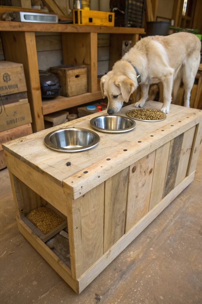 Rustic dog feeding station built from reclaimed pallet wood with natural weathered texture and large dog eating