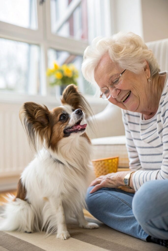 Papillon - intelligent small dog with butterfly ears, friendly companion for active seniors