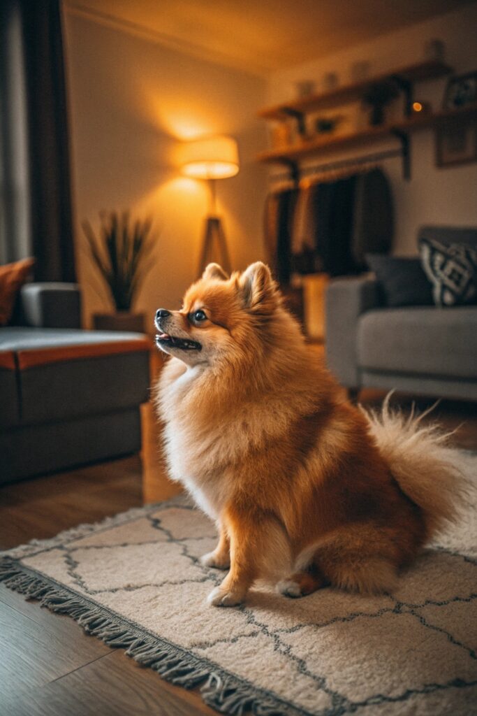 Orange Pomeranian with thick fluffy coat and fox-like face sitting in cozy apartment on soft blanket