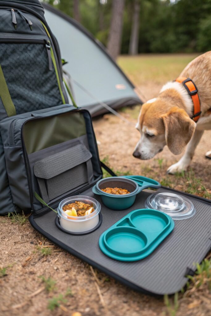 Portable collapsible dog feeding station with silicone bowls and foldable mat for travel and outdoor camping