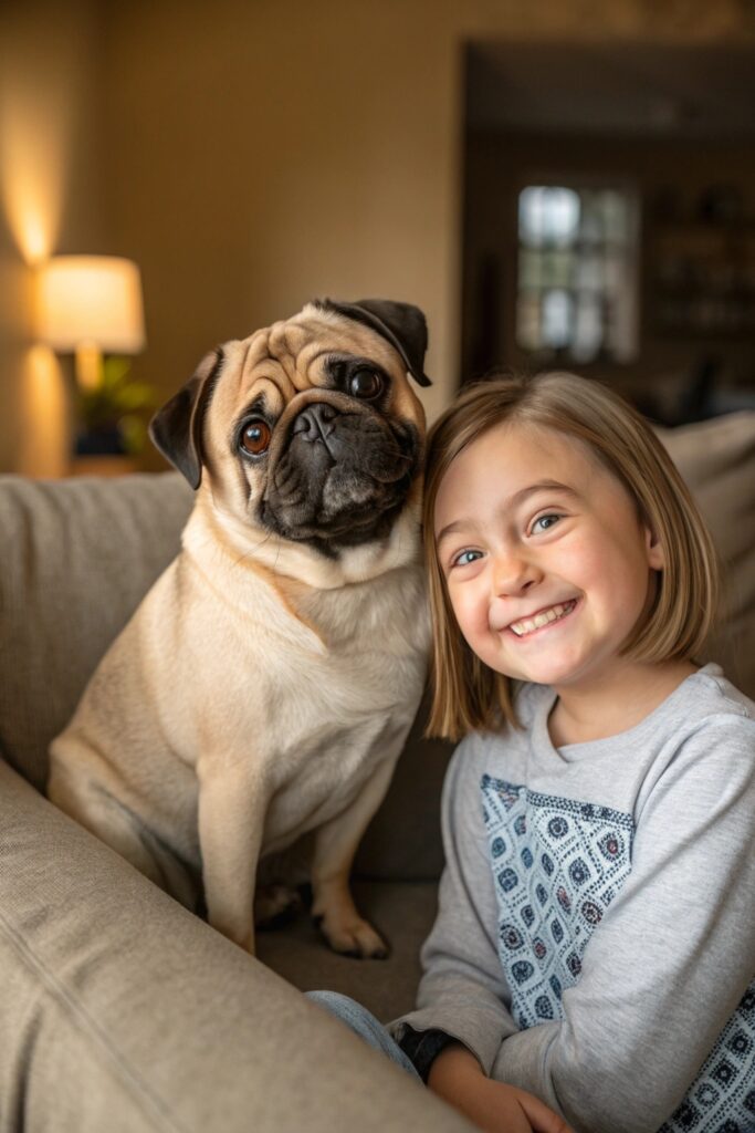Pug with young child on couch