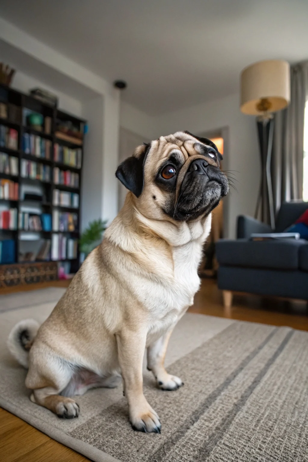 Fawn Pug with wrinkled face and curly tail sitting in cozy apartment interior showing friendly expression
