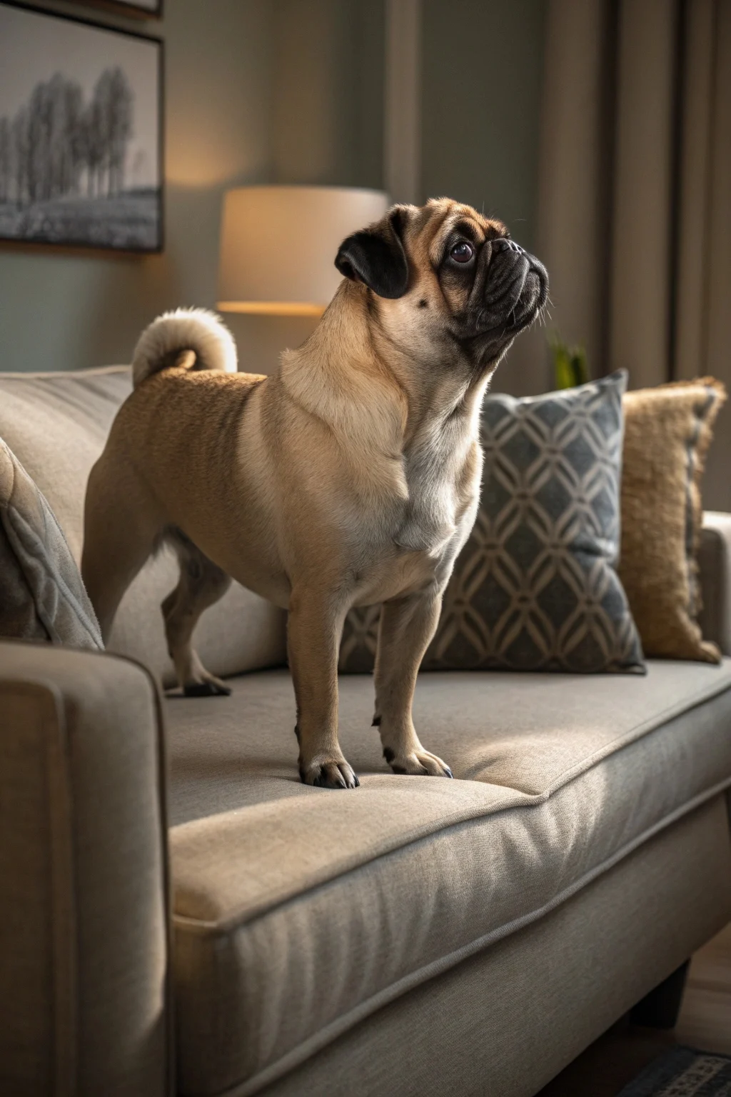 Pug standing on sofa