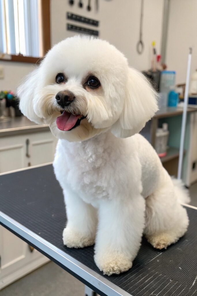 White fluffy small dog with even-length puppy cut haircut on grooming table