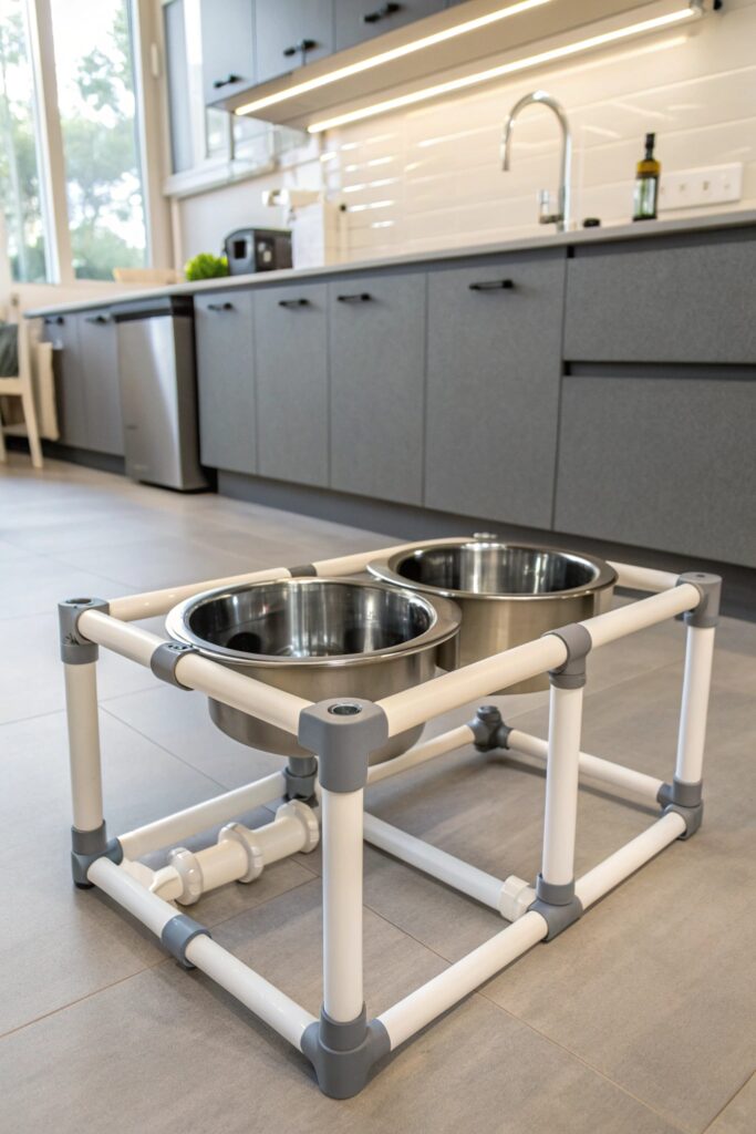 Modern industrial DIY dog bowl holder made from white PVC pipes and elbow joints in minimalist kitchen