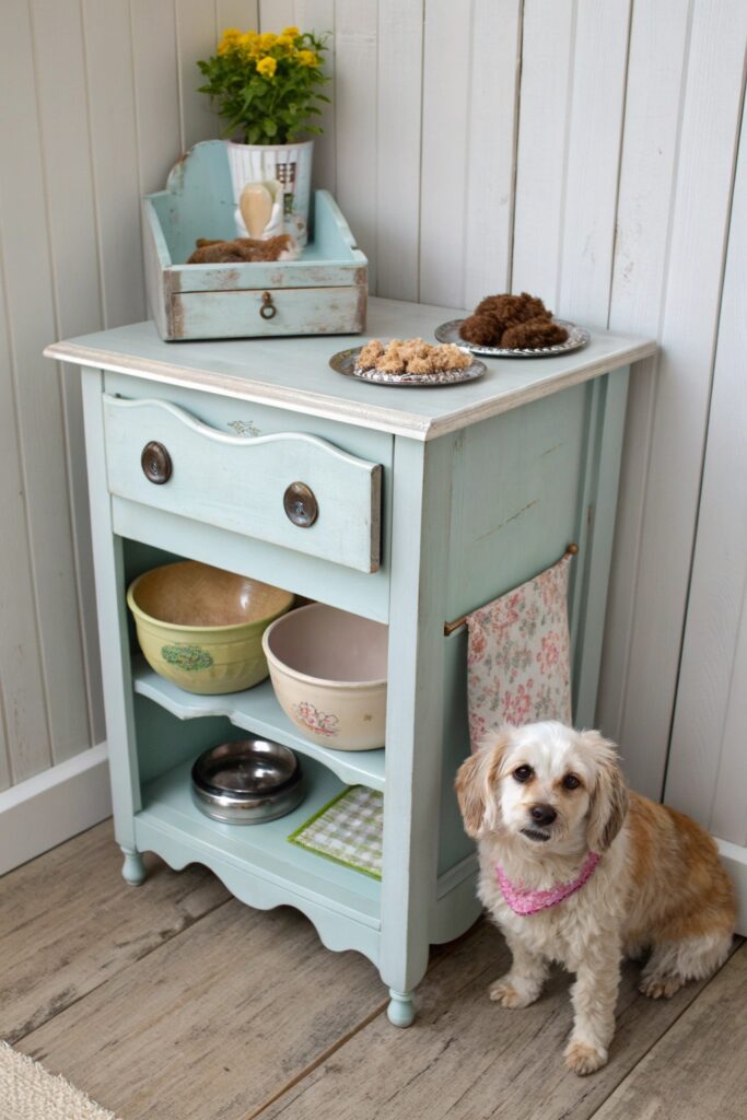 Upcycled vintage nightstand converted to dog feeding station with bowls on top and food storage below"