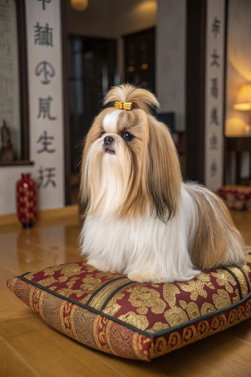 Shih Tzu with long flowing coat and topknot sitting in elegant apartment interior with natural lighting