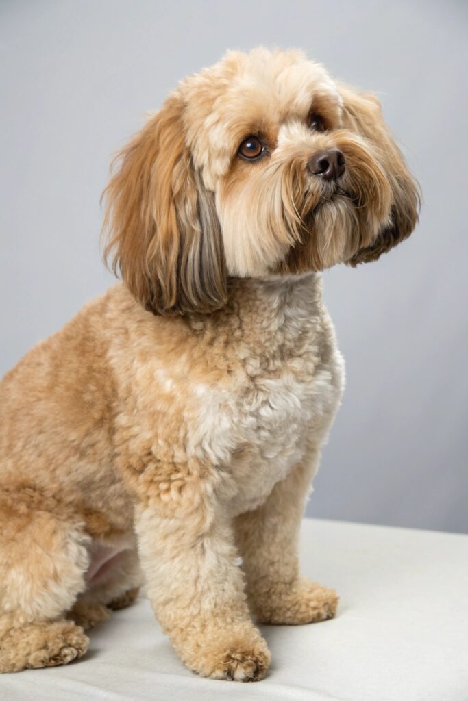 Shihpoo with wavy coat in puppy cut showing mixed breed characteristics
